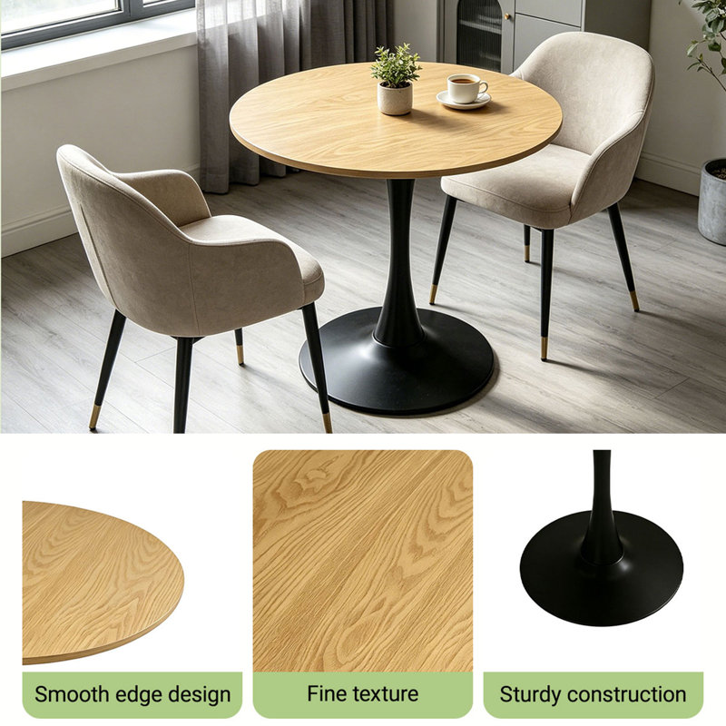 Modern Dining Table,Mdf Top And Steel Base Round Kitchen Table, 29.2" H x 31.6" L x 31.6" W, Natural, Black