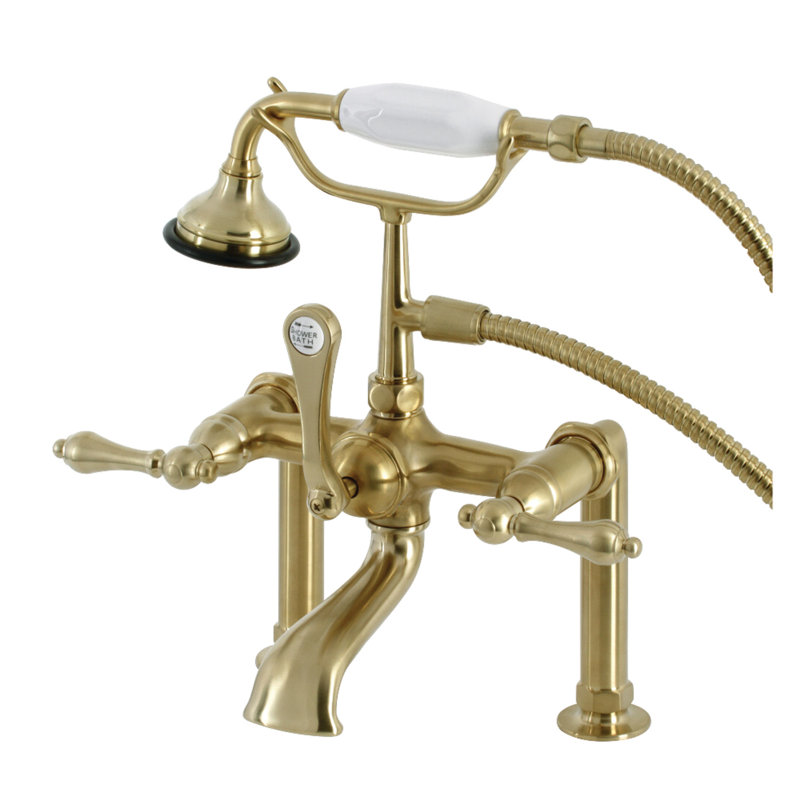 Kingston Brass Aqua Vintage Three-Handle 2-Hole Deck Mount Clawfoot Tub Faucet with Hand Shower, Brushed Brass