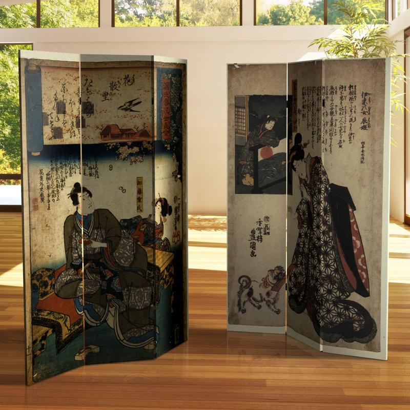 72" x 48" Japanese Double Sided Figures 3 Panel Room Divider