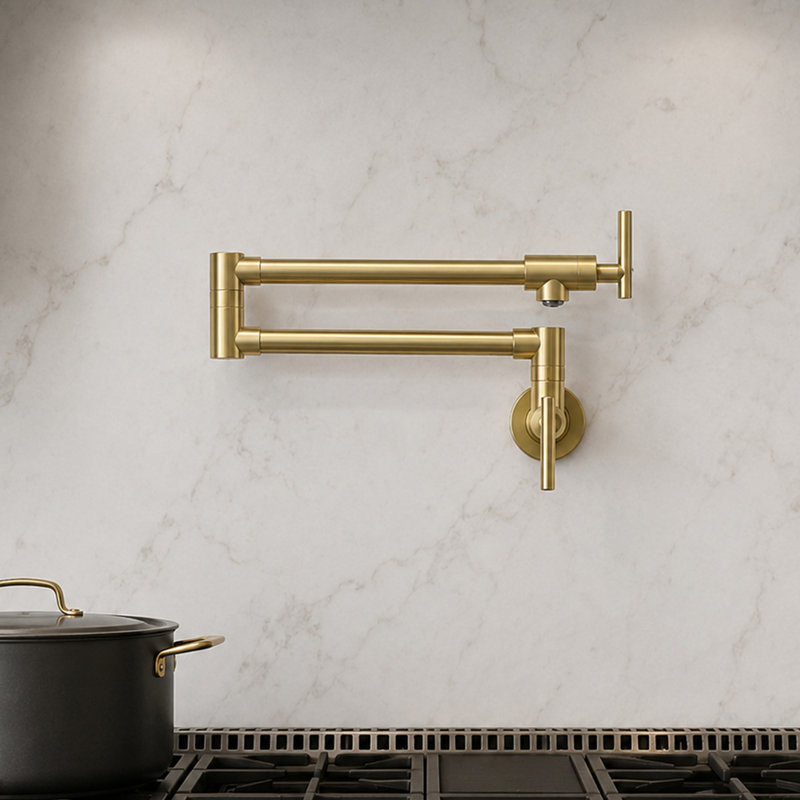 Wall Mount Pot Filler Faucet Double-Handle Folding Kitchen Restaurant Sink With Dual Joint Swing Arm Commercial, Brushed Gold