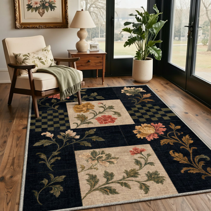 Tapis noir / beige lavable à la machine avec envers antidérapant, Rectangle 5 pi x 7 pi