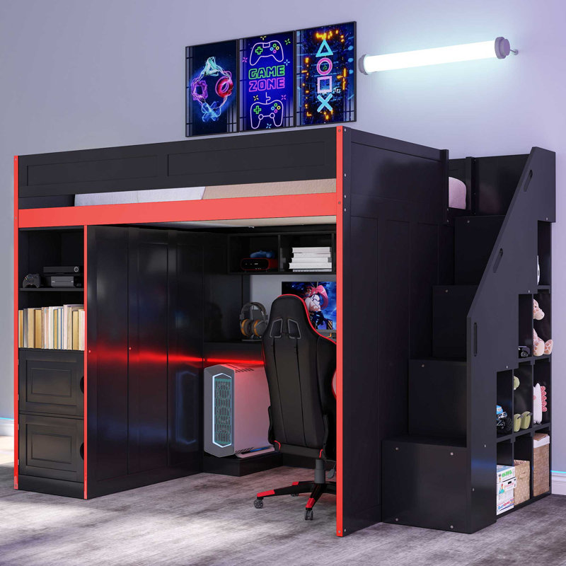 Lit mezzanine double avec bureau, tablettes de rangement et lumières DEL, cadre solide, lit superposé pour enfants et adolescents peu encombrant