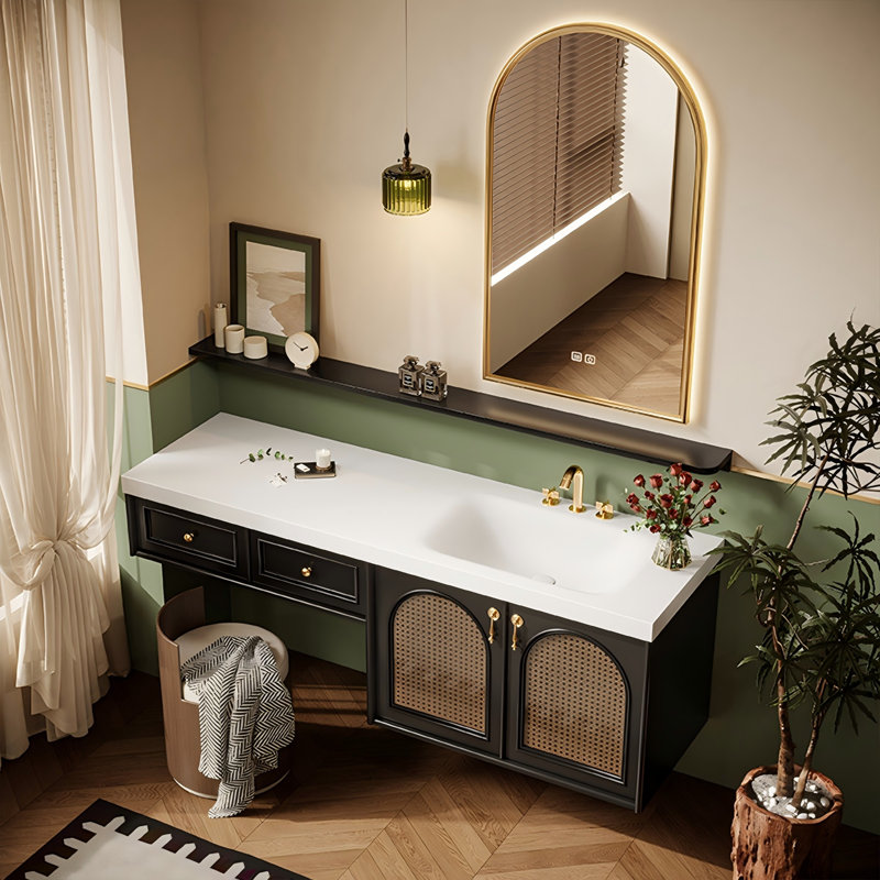 Meuble-lavabo mural 59,06 po en rotin de bois massif avec miroir intelligent, 60"