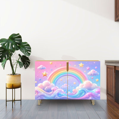 Sideboard Buffet Cabinet with Storage Whimsical Rainbow Stars Clouds Sparkling Waves Pastel Colors with 2 Doors for Living Room and Kitchen