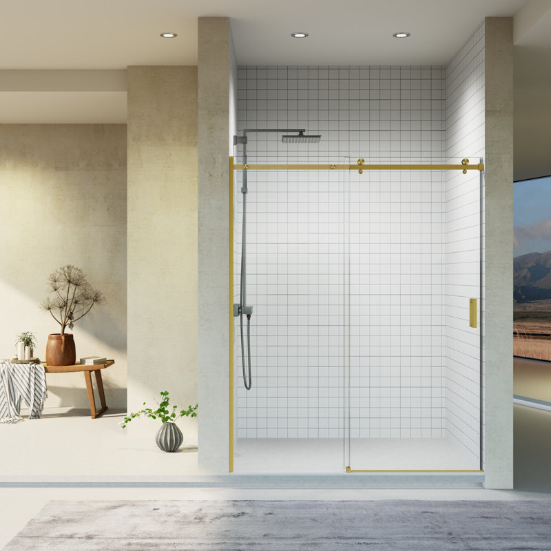 56-60" W * 74" H Frameless Single Sliding Shower Doors, Bathroom Sliding Shower Door, 5/16" (8Mm) Thick SGCC Tempered Glass Door, Brushed Gold