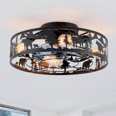 20"Woodland Silhouette Matte Black Caged Ceiling Fan with Light&Remote,Bladeless,6-Speed Reversible Motor