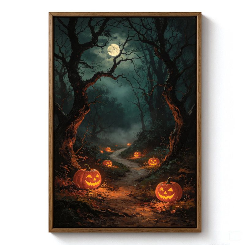 Citrouilles d'Halloween sous un arbre effrayant, tableau sur toile encadré, cadre marron, 50 x 75 cm, 30" H x 20" W, Brun