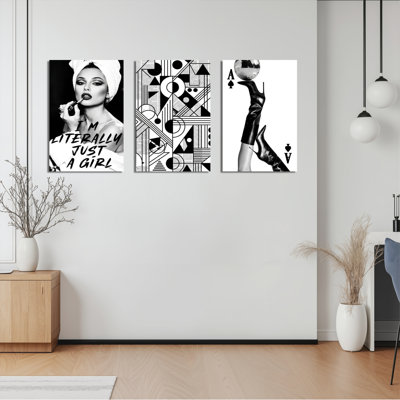 Portrait noir et blanc abstrait géométrique et Ace of Spades, reproduction d'art sur toile tendue sur toile, ensemble de 3 pour salon, chambre à coucher ou bureau