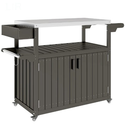 Plateau de table extérieur pratique, chariot-bar extérieur avec rangement, îlot de cuisine à roulettes pour la préparation des aliments