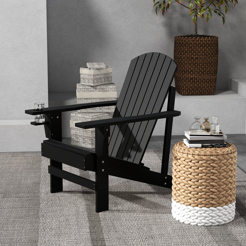 Wood Chair, Outdoor With Cup Holder. Weather For Patio, Lawn. Black. Modern & Design Patio Chair Backyard, Garden. Spacious Seat