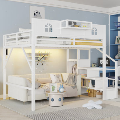 Grand lit mezzanine avec escalier, grand lit mezzanine en métal avec garde-corps hauts et en forme de maison, lit mezzanine haut avec garde-robe pour enfants, blanc