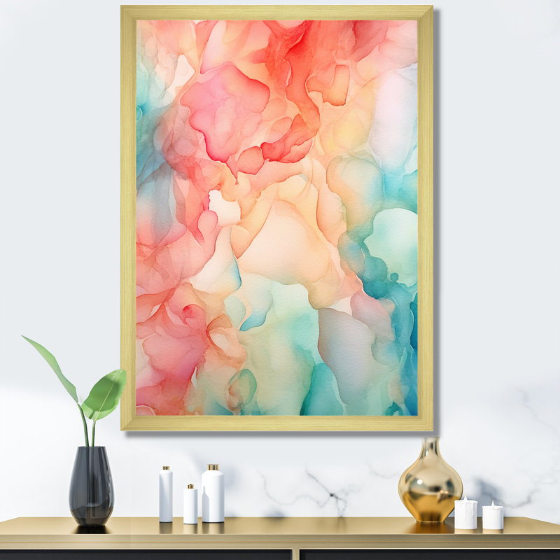 «Orange and Teal Enchanted Spills», art mural abstrait sur toile, H 44 po x l 34 po x P 1,5 po, Cadre doré à une seule photo