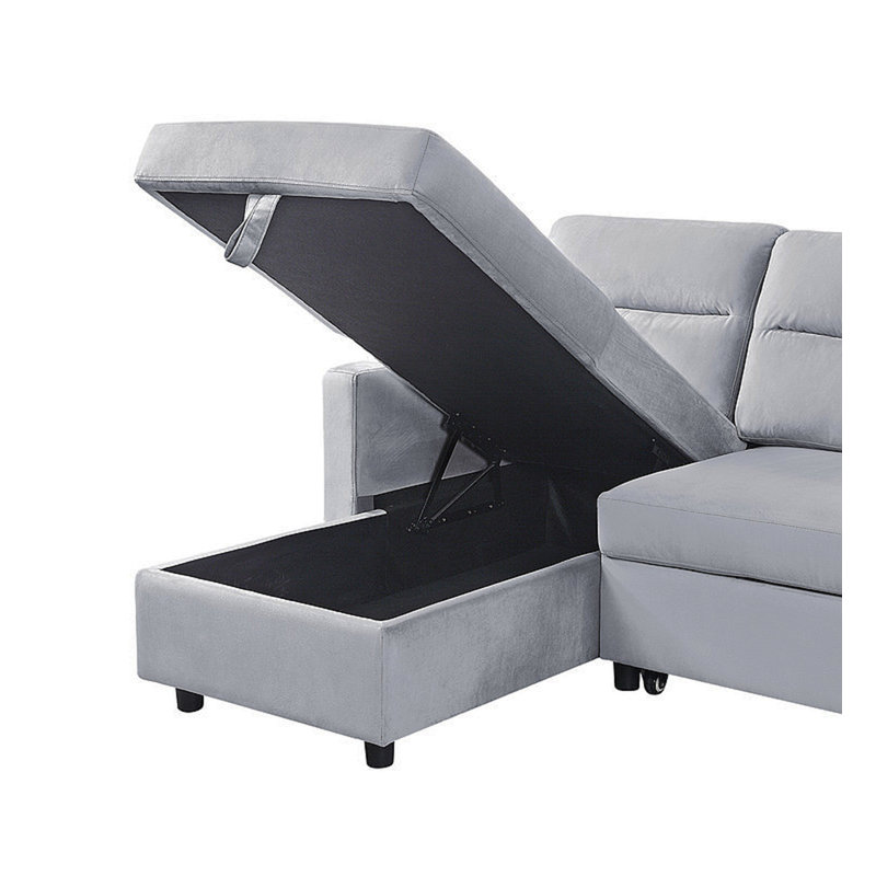 Ruby 81.5" Light Gray Velvet Reversible Sleeper Sectional Sofa With Storage Chaise And Side Pocket