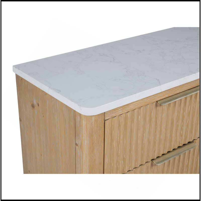 Esthétique moderne avec finition en bois naturel et grand espace de rangement à six tiroirs avec une commode en pierre reconstituée et une quincaillerie décorative en laiton
