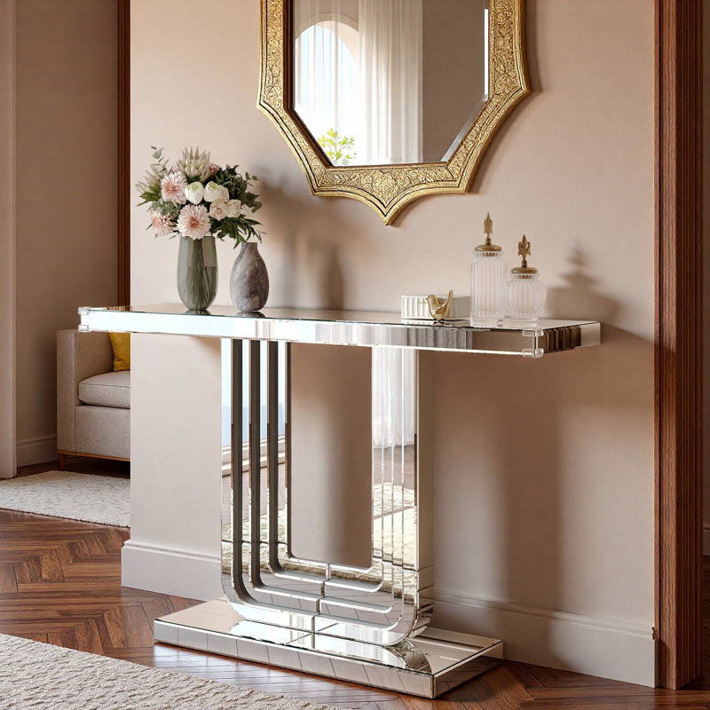 Silver Mirrored Console Table With U Base And Hand-spliced Line Design