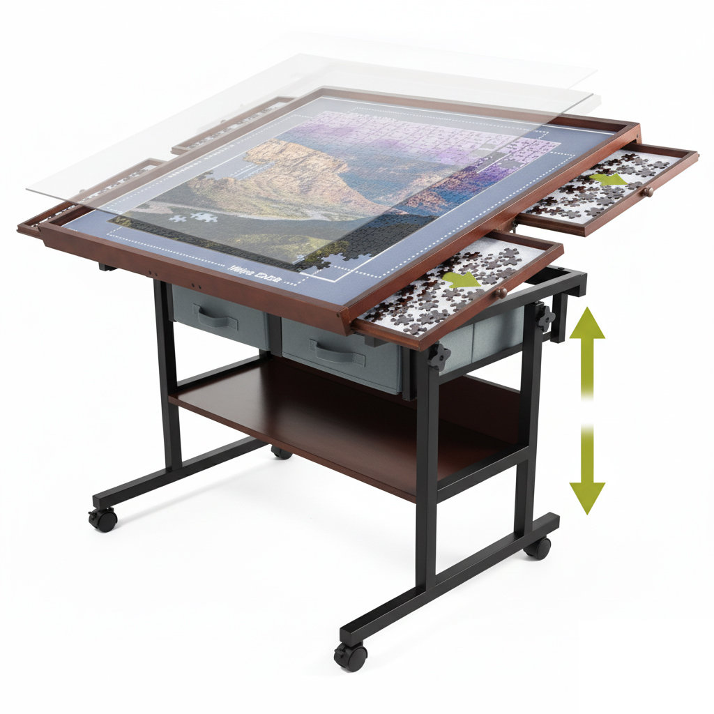 Rustic Adjustable Puzzle Table Uanlauo Rotating Wooden Jigsaw Puzzle Table With Storage Drawers ...