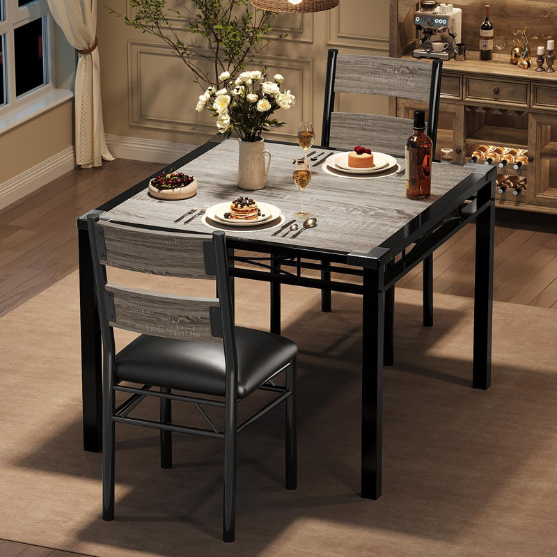 Dining Table Set for 2 with Corner Protector Wood Kitchen Table with 2 Upholstered Chairs 3Pcs Kitchen Dining Room Table Set for Kitchen Apartment Dining Room Rustic Gray