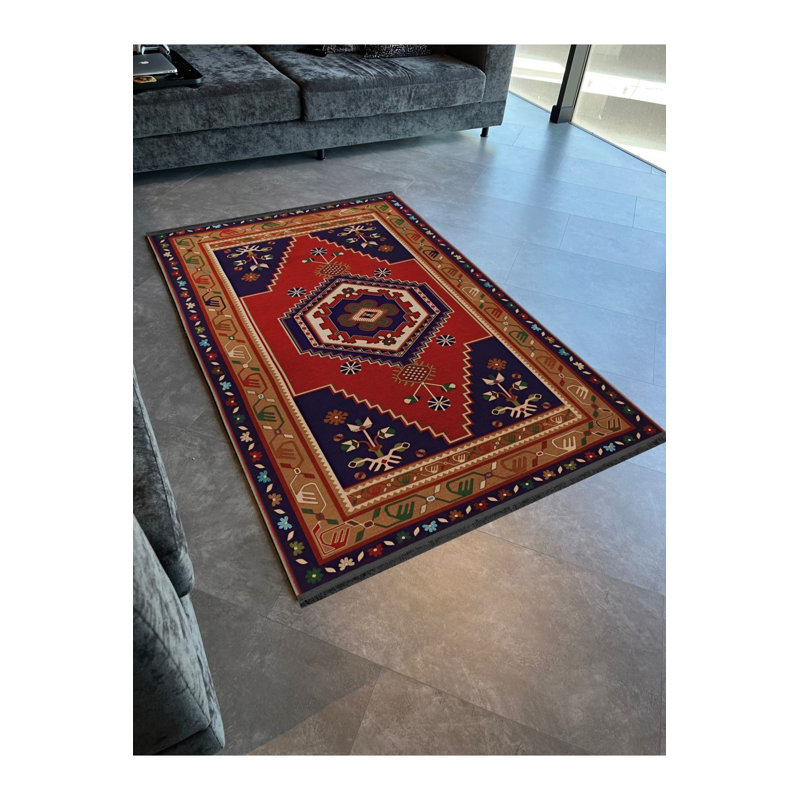 Tapis décoratif multicolore bleu et rouge à motif floral lavable à la machine, Tapis de couloir 3 pi 3 po x 6 pi 7 po inclus