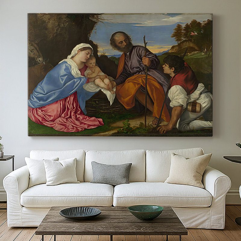 La Sainte Famille avec un berger-Titien-Toile tendue avec châssis-c. 1510, 40 po x 60 po
