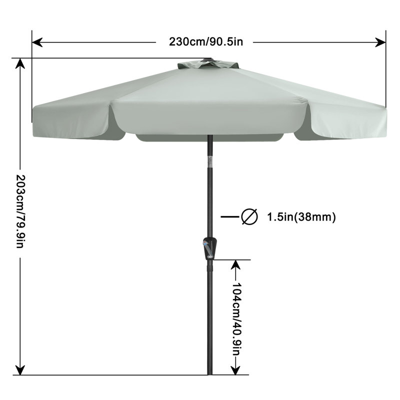 Parasol de marché Holmquist avec cantonnière festonnée, inclinaison et relevage, Gris clair, 7.5'