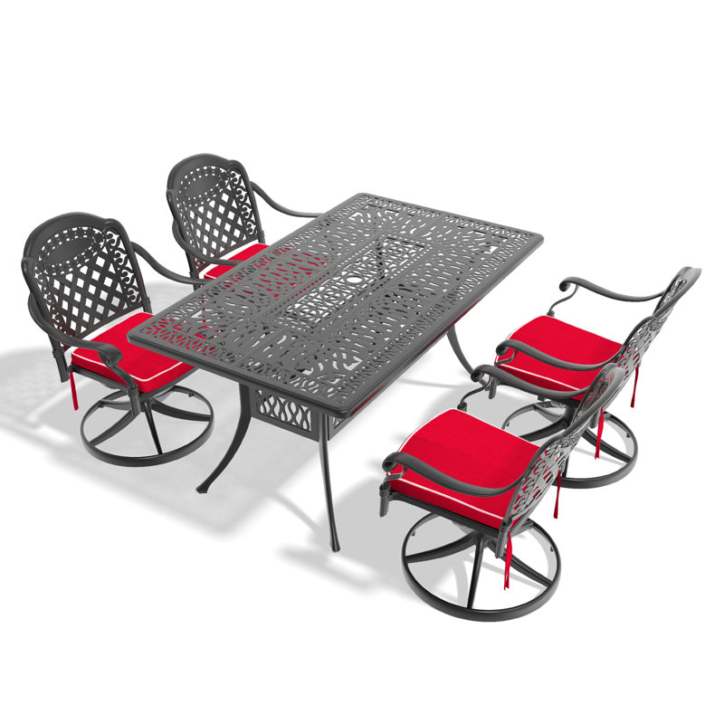 5-Piece All-Weather Cast Aluminum Dining Set, Include 4 Swivel Chairs and Rectangular Table With Black Frame, 4