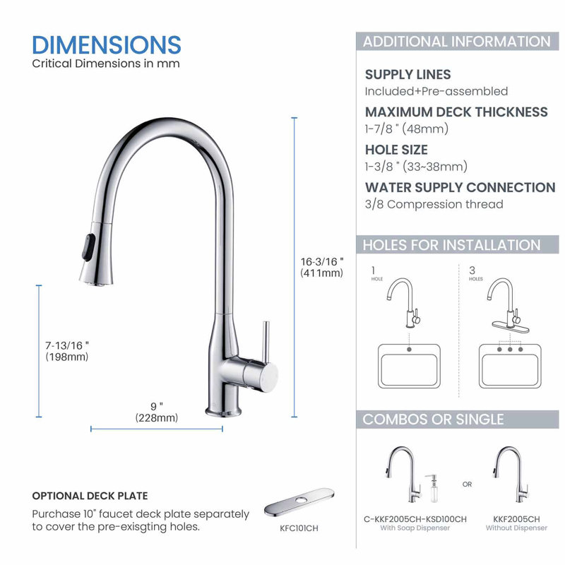 KIBI Napa Pull Down Kitchen Faucet, Chrome, Without Soap Dispenser