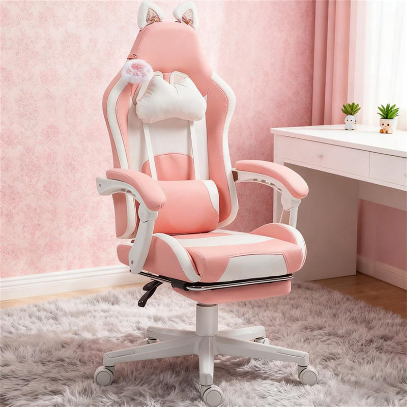 Gaming Chair With Footrest,Racing Gamer Chair, Headrest And Lumbar Support, For Home And Office, Pink/White, White