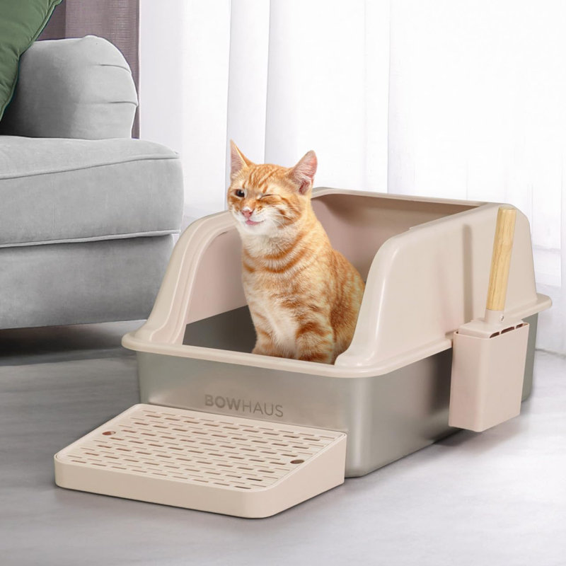 Bac à litière pour chat en acier inoxydable avec couvercle XL, Beige