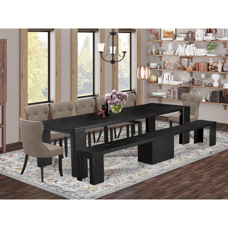 Ensemble de table de salle à manger 9 pièces comprenant une table de cuisine rectangulaire, un banc en bois et 7 chaises de salle à manger en tissu de lin noir brossé