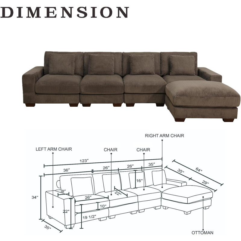 Canapé modulaire avec 2 repose-pieds 123 po Frazey, Velours côtelé brun