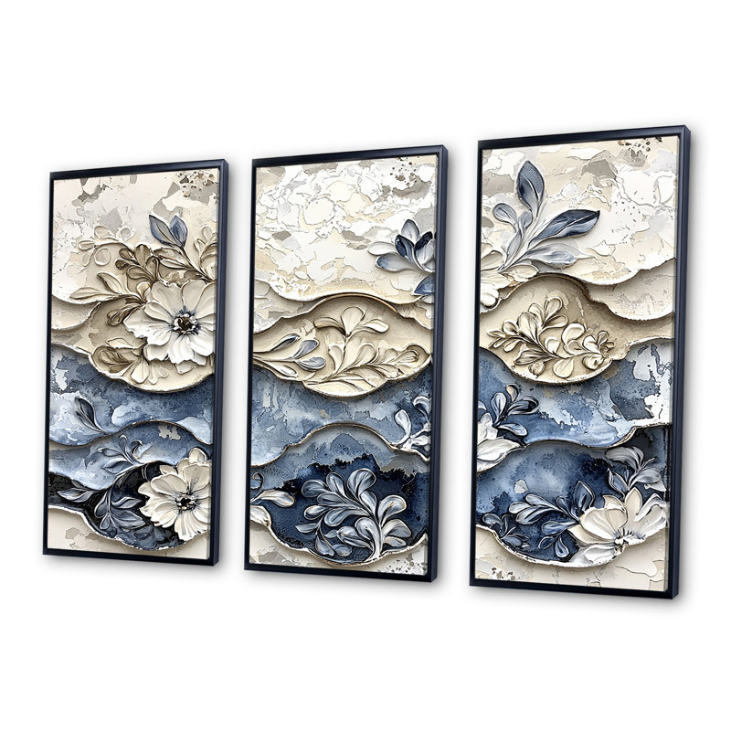 White And Blue Floral Abstract Tiles I - Abstract Modern Waves Wall Decor Set, Black Floater Framed Canvas
