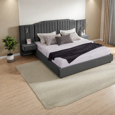 Lit tapissier très grand moderne avec revêtement en velours et lampes réglables