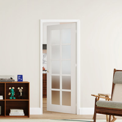 Porte intérieure française pré-suspendue double à 10 panneaux en verre givré de style moderne, cadre ajustable, blanc massif et bois manufacturé avec cadre et poignée (ensemble de 2)