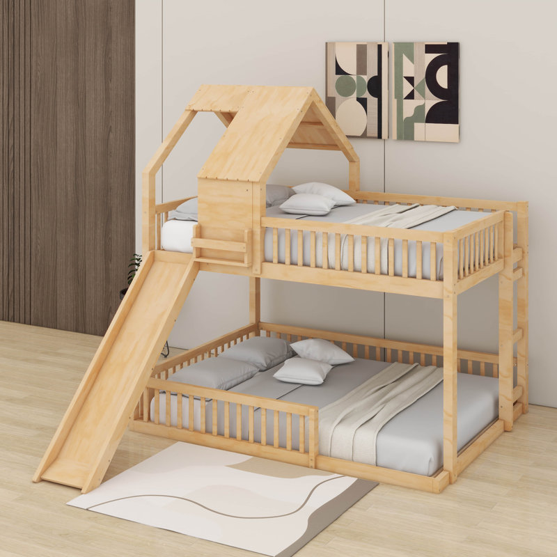 Lit superposé avec glissade et échelle intégrée, structure de lit superposé avec plancher en bois et support de lattes