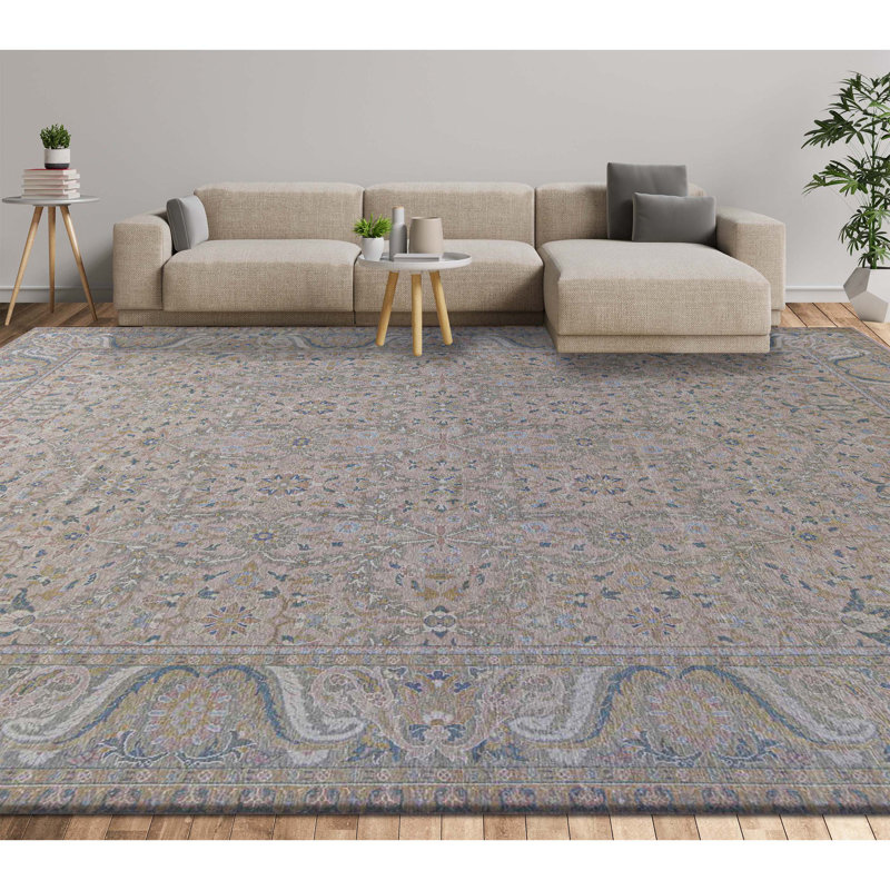 Tapis beige et vert noué à la main de haute qualité