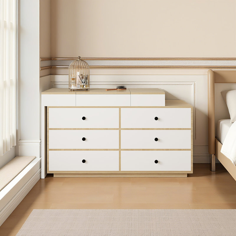 Bureau de coiffeuse en bois extensible avec miroir de maquillage et 6 tiroirs de rangement Carmavy, Blanc / Chêne