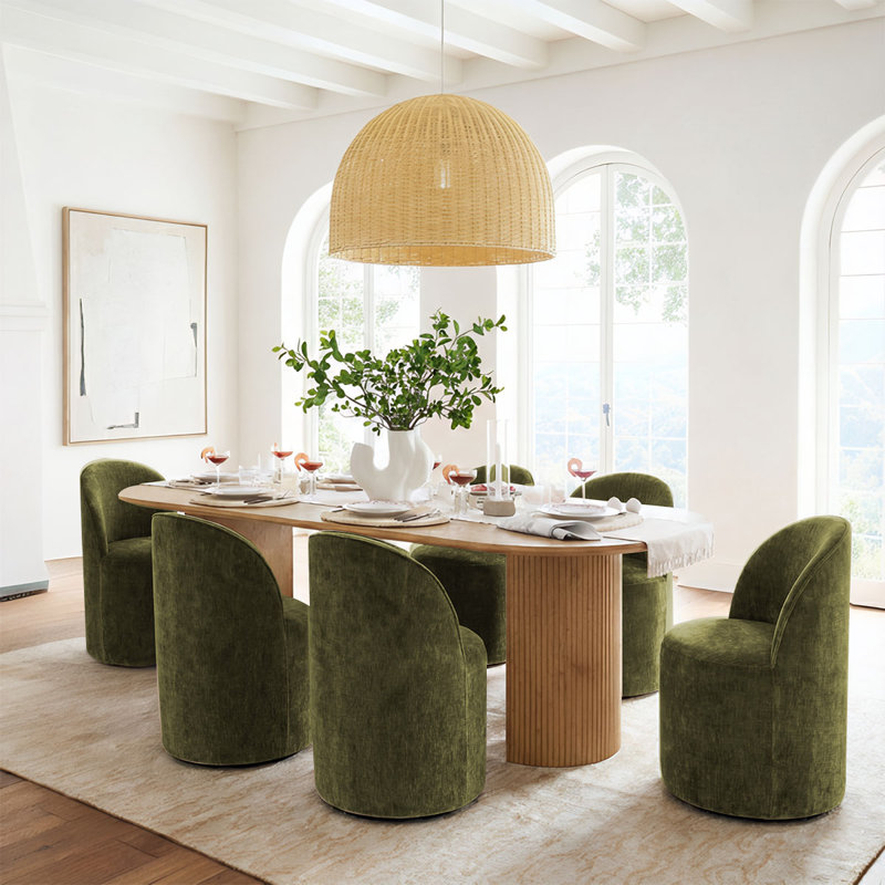  6 - Person Dining Table Sets With Oval Table & 6 Upholstered Chairs, Olive Green, Oak