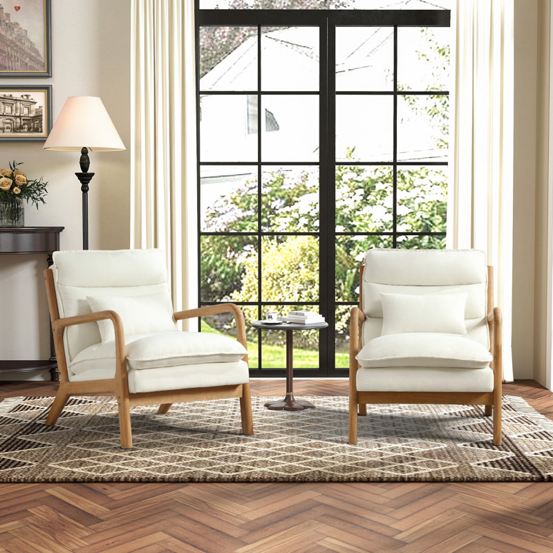 65.5cm Wide Modern Solid Wood Frame Upholstered Armchair with Lumbar Support Pillow, White