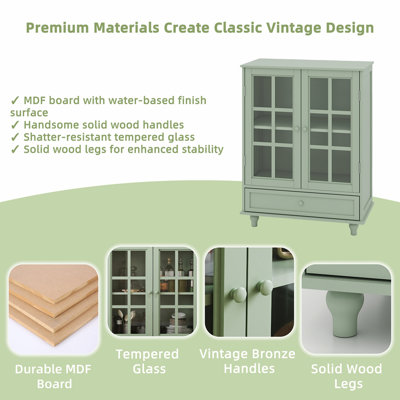Minimalisme Buffet avec portes en verre doubles et tiroir, armoire de rangement moderne en bois pour le salon, hall d'entrée de la salle à manger (vert menthe)