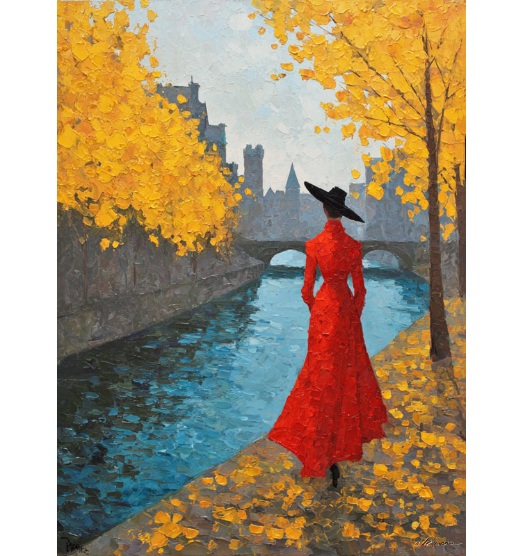 Art mural sur toile rouge "Red dress by the seine", H 48 po x l 36 po
