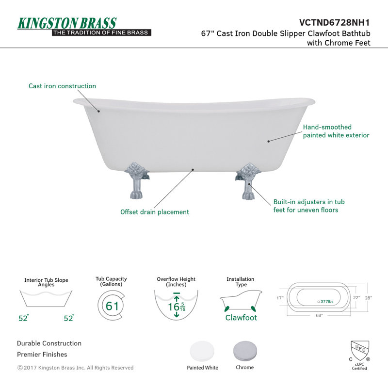 Kingston Brass Aqua Eden 67-Inch Cast Iron Oval Double Slipper Clawfoot Tub (No Faucet Drillings), Polished Chrome