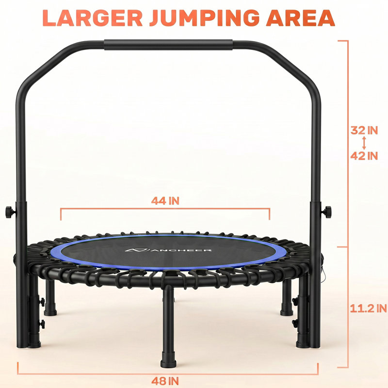 48" Foldable Mini Trampoline,Max Load 550Lbs Indoor Trampoline,With 4 Level Adjustable Foam Handle And Resistance Bands,Adult Exercise Trampoline For Home, Garden, And Gym