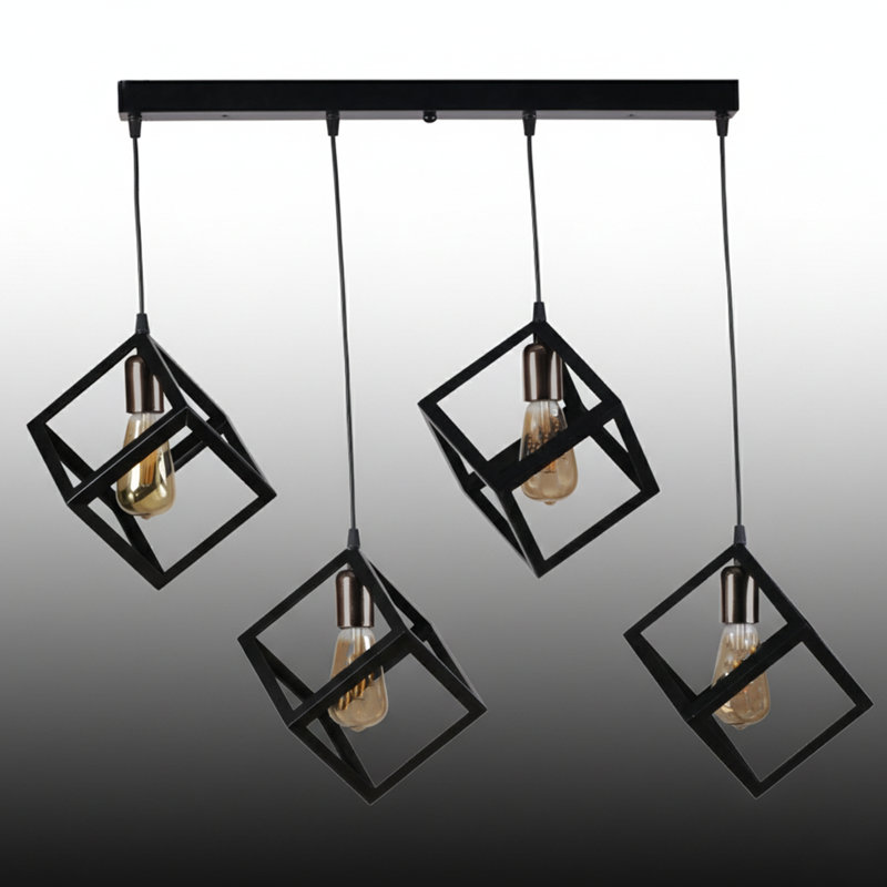 Modern Geometric 4-Light Kitchen Island Pendant With Open Cube Frames