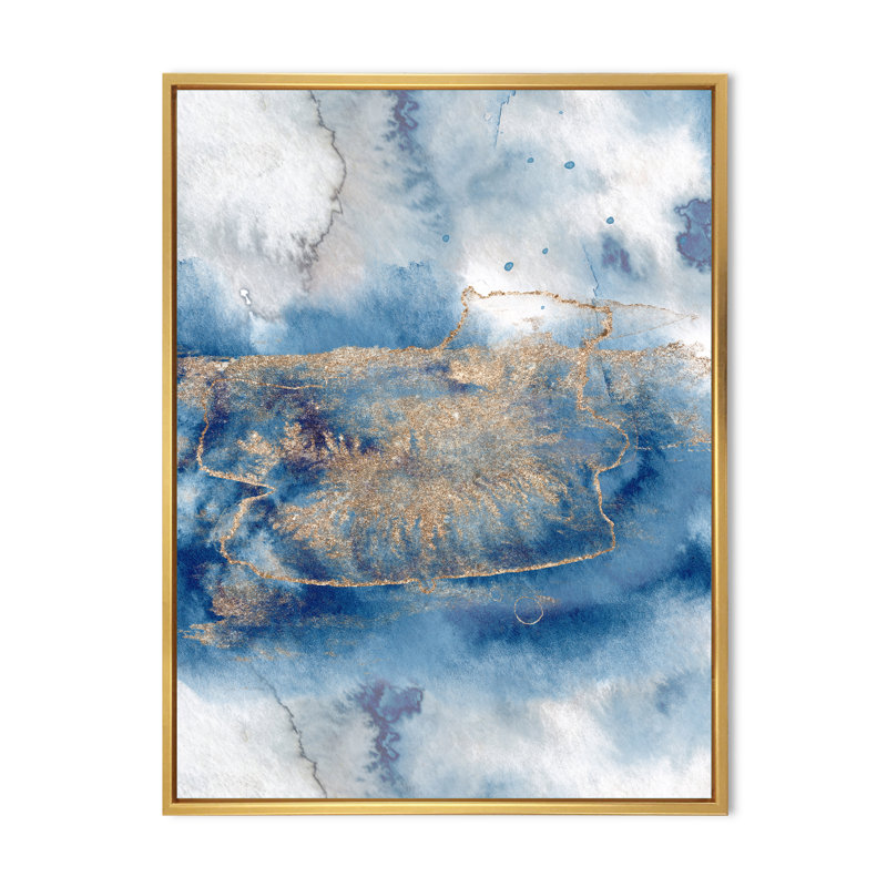 Abstrait classique bleu et or I - peinture sur toile, H 20 po x l 12 po, Cadre flottant doré