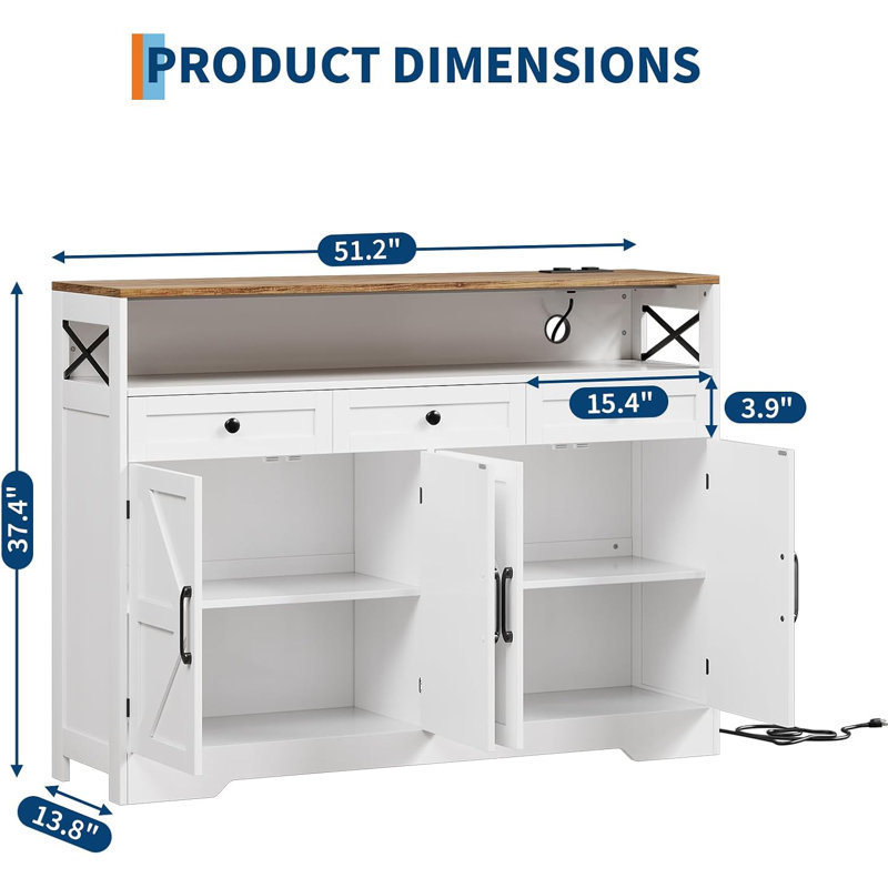 51" Farmhouse Sideboard Buffet Cabinet with Charging Station, 3 Drawers & 4 Barn Doors, Large Wood Coffee Bar Storage Pantry for Kitchen, Dining, Living Room