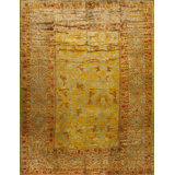 Rare Unusual Green and Gold Color Antique Turkish Room Size Angora Oushak Rug