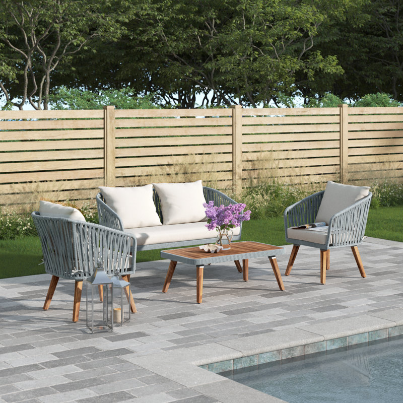 Ensemble de conversation de patio en bois massif avec coussins Larry , Beige, gris