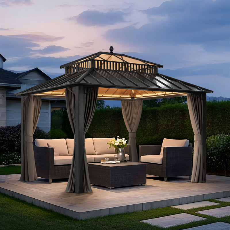 SUNJOY Kingston 12x10 Gazebo, Steel & PC Roof Hardtop Gazebo with Curtain and Netting - Gray Aluminum Posts, Gray, Gray