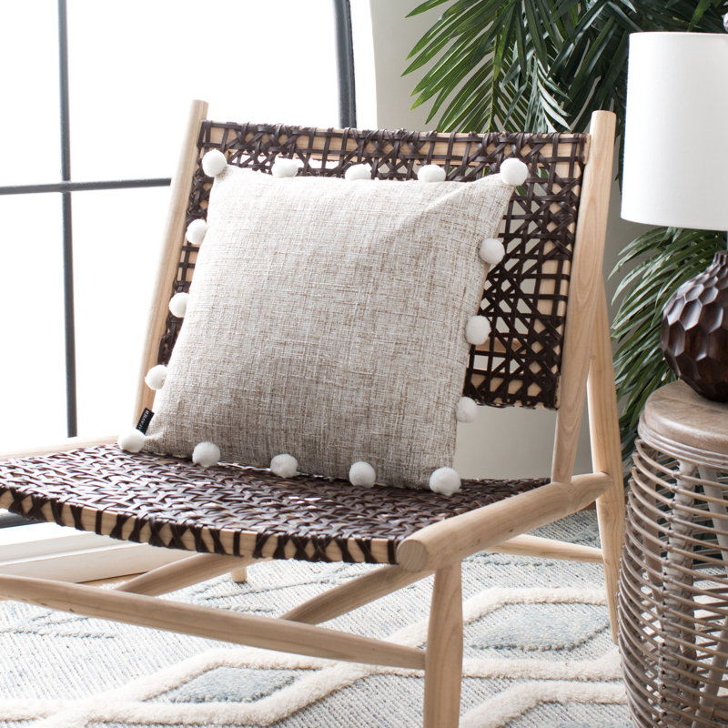 Temi Neutral Pom Pom Accented 19" Square Throw Pillow in Beige and White