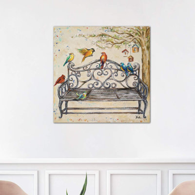 Birds On The Bench by Patricia Pinto - Wrapped Canvas Print